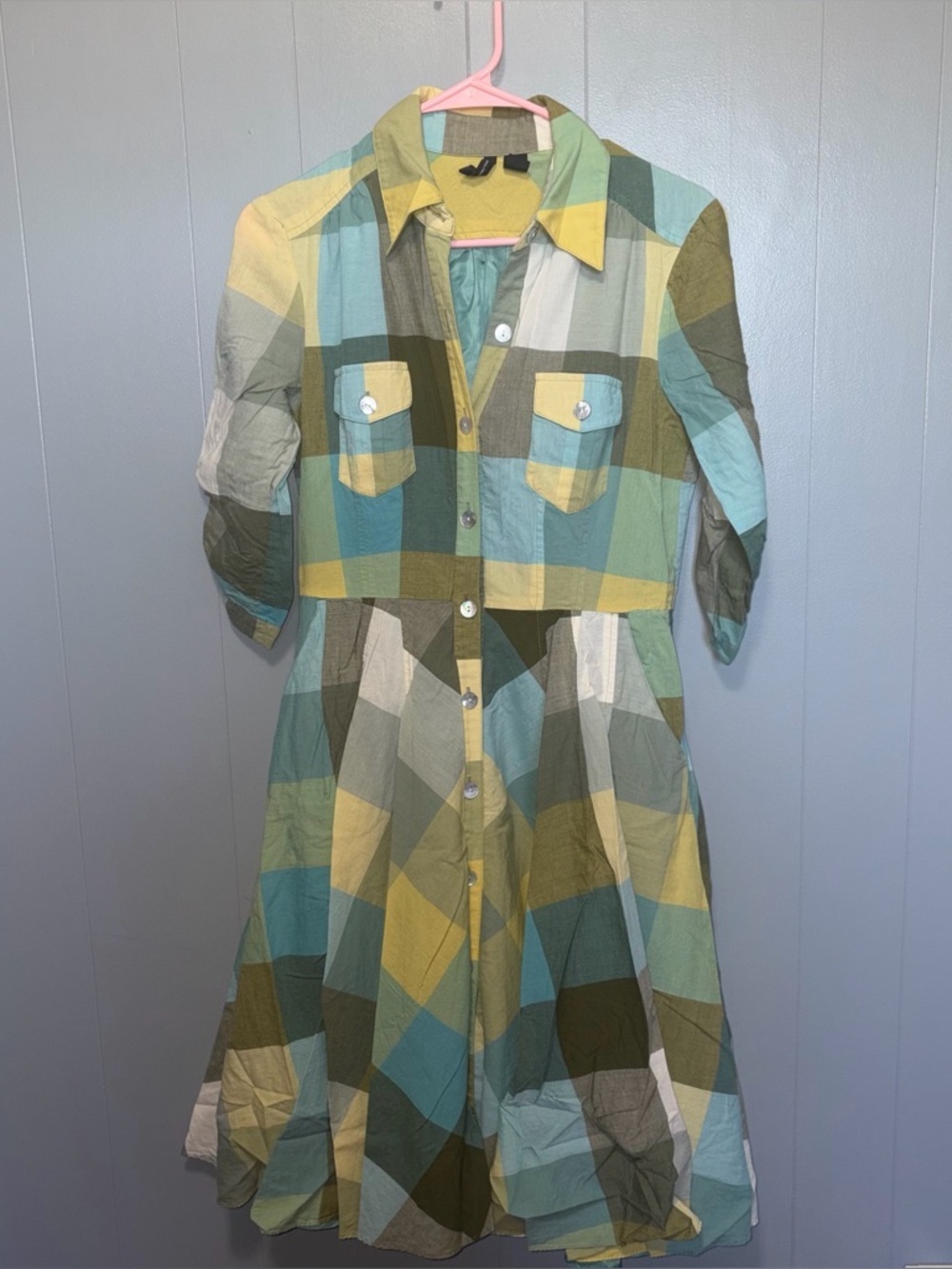 New Directions Green Plaid Button Down 3/4 Sleeves Fit and Flare Shirtdress 6